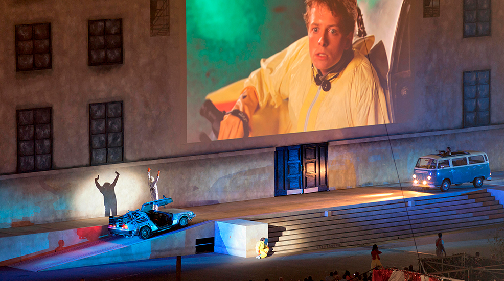 The stage of a Secret Cinema performance of Back to the Future